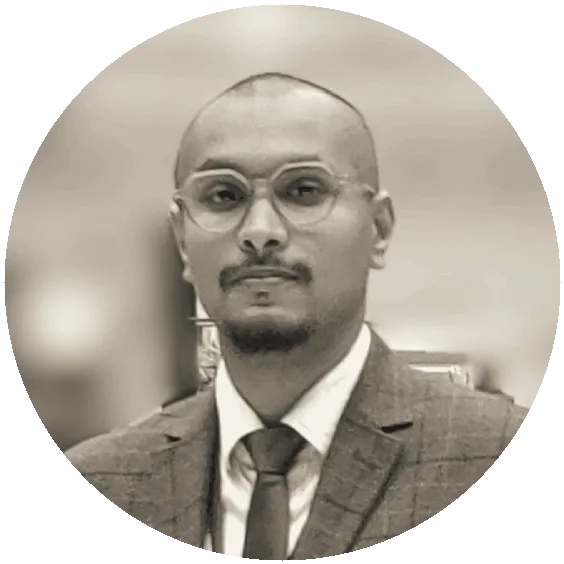 Dinesh Achari — portrait, vermilion duotone
